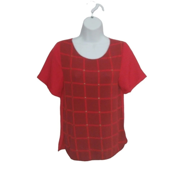 Attitude Tops - Attitude by  Jay Manuel Blouse/T-shirt Brass Studs, Checker, Red, M